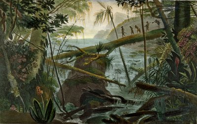 Índios usando um tronco de árvore caída para atravessar o Rio Paraíba do Sul, ilustração de &39;Voyage Pittoresque e Historique au Bresil&39; de Jean-Baptiste Debret (1768-1848), publicado em Paris, 1839 (cor de Jean Baptiste Debret
